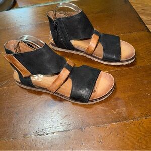 Miz Mooz Black and Tan Sandals with Adjustable Ankle Strap
